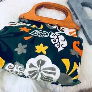 J Crew floral pattern wooden handle purse.